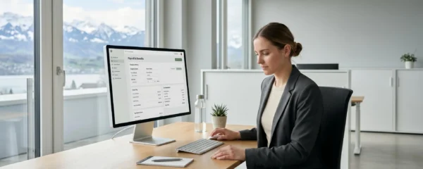 Collaboratrice RH travaillant sur un interface de gestion de paie dans un bureau moderne suisse avec vue montagne