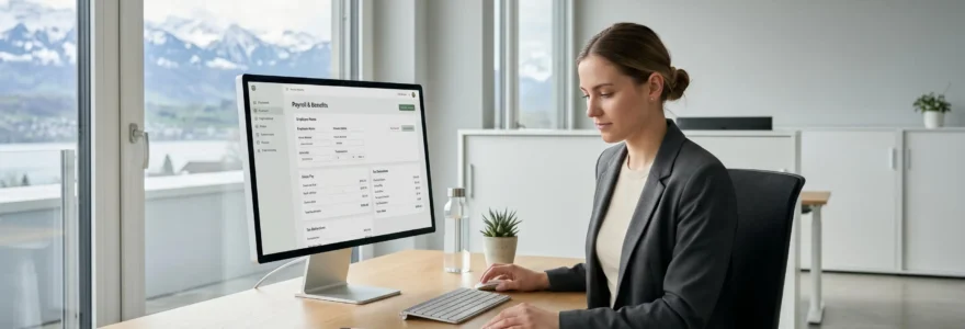 Collaboratrice RH travaillant sur un interface de gestion de paie dans un bureau moderne suisse avec vue montagne