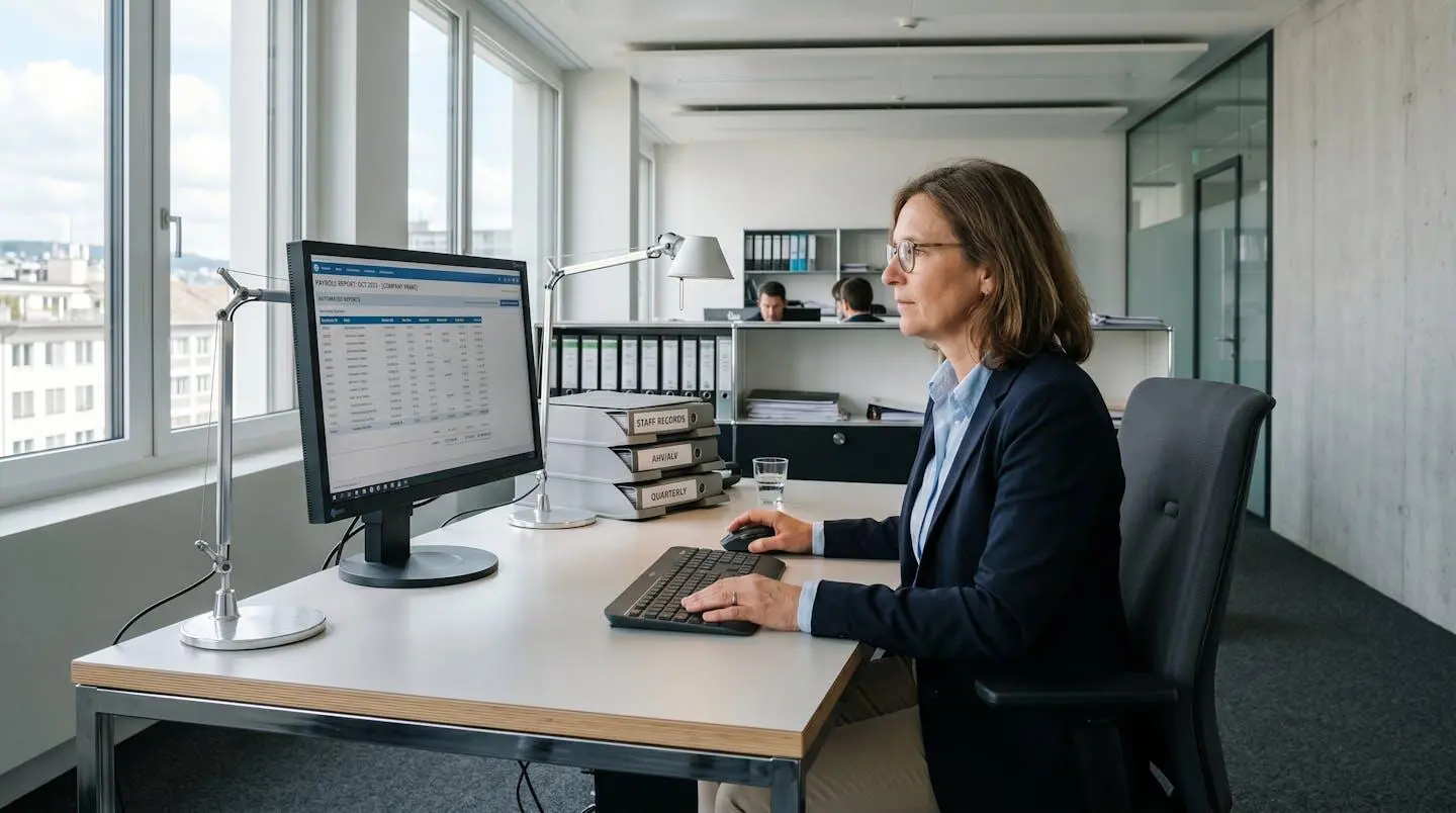 Responsable administratif consultant des rapports de paie automatisés dans un bureau organisé et lumineux