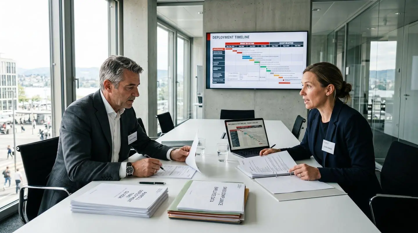 Réunion de travail entre dirigeant PME et consultant paie avec documents de transition et timeline de déploiement